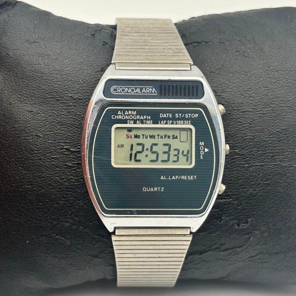Vintage 1980s Cronoalarm Silver St. Steel Digital Quartz Watch New Battery